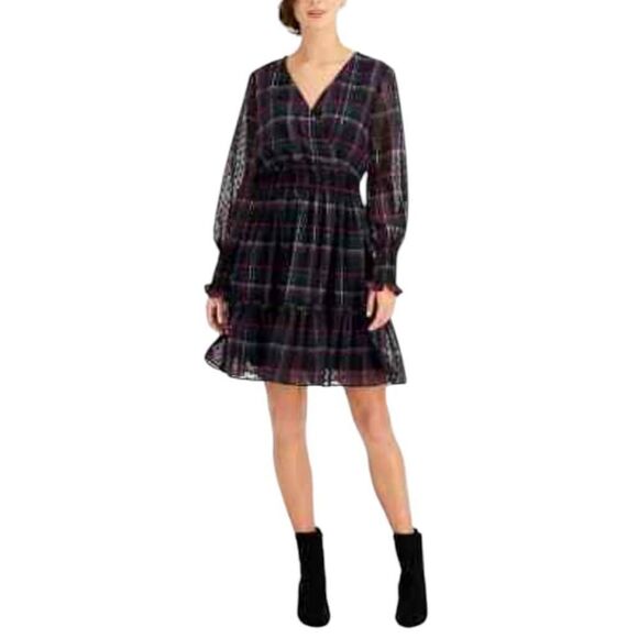 TAYLOR RUFFLE CUFF PLAID PURPLE & BLACK DRESS SZ.L EUC. - Picture 1 of 12